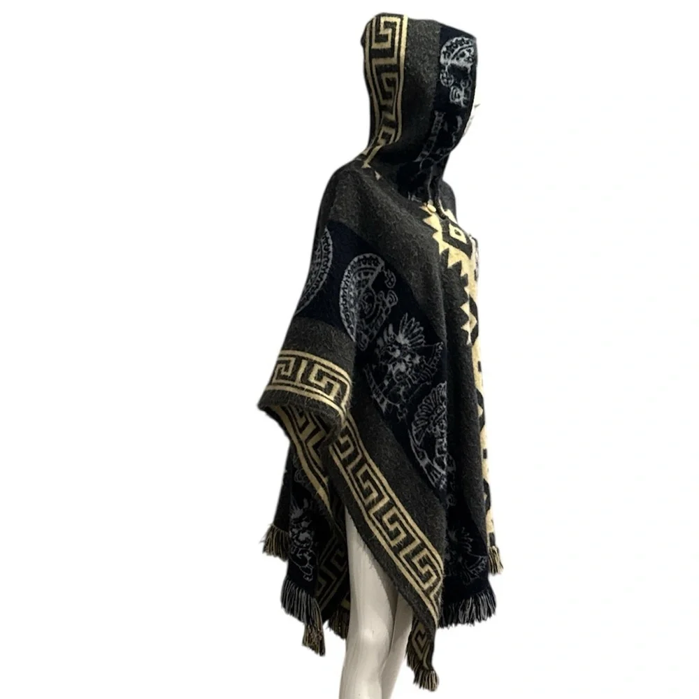 Unisex Andean Aztec Alpaca Blend Hooded Charcoal Multi Fringed Poncho Size OS